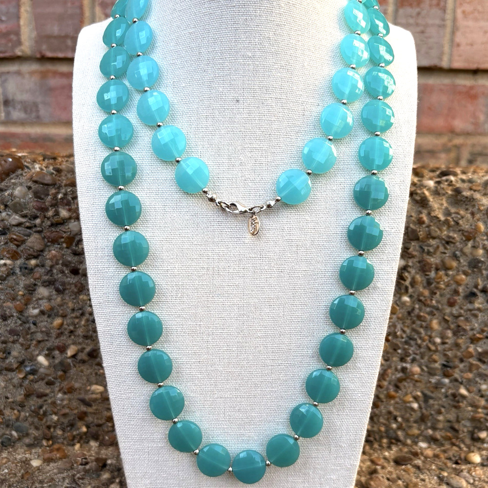 Vintage Joan Rivers Boho Acrylic Blue Tri Color Faceted Flat Bead Necklace 40"‎